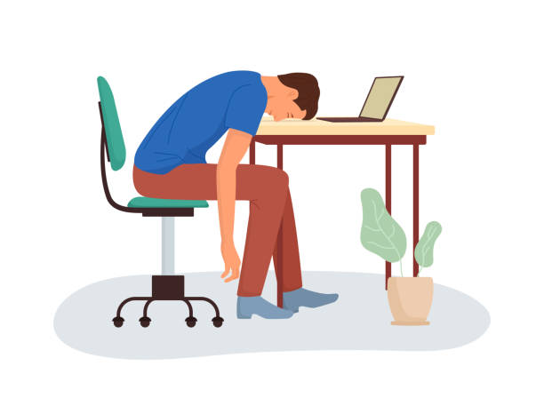 ilustraciones, imágenes clip art, dibujos animados e iconos de stock de agotamiento en el trabajo. empleado cansado con computadora portátil en la oficina. hombre agotado duerme en el escritorio. concepto de estrés, fatiga y ajetreo. persona en el trabajo, los negocios y el estudio. carácter de procrastinación. vector - sleeping on the job illustrations