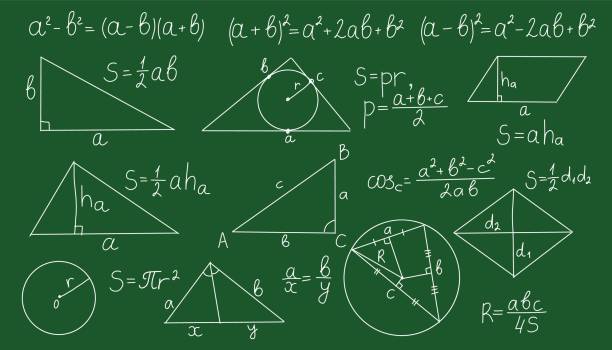 ilustraciones, imágenes clip art, dibujos animados e iconos de stock de pizarra con fórmula matemática. teoría de ecuaciones a bordo. álgebra vectorial y teorema de geometría. - mathematics