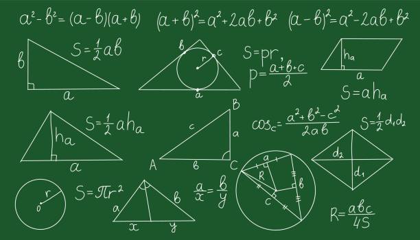 ilustrações de stock, clip art, desenhos animados e ícones de chalkboard with math formula. equations theory on board. vector algebra and geometry theorem. - mathematics
