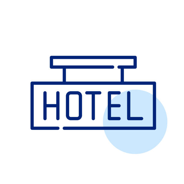 illustrazioni stock, clip art, cartoni animati e icone di tendenza di cartello dell'hotel. pixel perfetto, icona della linea di traccia modificabile - tourist resort hotel silhouette night