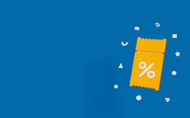 istock 3d coupon voucher with figures  abstract geometry shape. Yellow, white and blue colors. Promotion for your ads with present box and voucher. 3d rendering  illustration. 1432872251