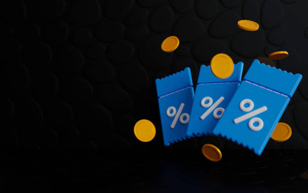 istock 3d blue flying coupons with gold coins and effect bokeh on black cartoon stone background. Blue, black and white colors. Promotion for your ads with present box and voucher. 3d rendering  illustration. 1432872256