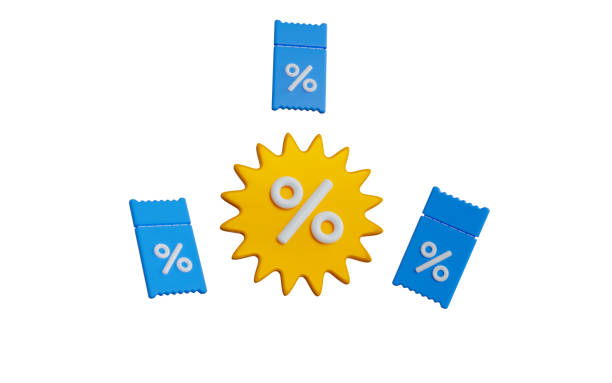 istock 3d yellow and blue flying coupons with discounts on isolated background. Voucher gift. A ticket with a percentage discount. 3d rendering illustration. 1432872267