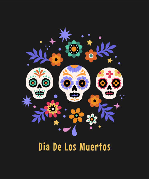 Dia De Los Muertos greeting card. Vector illustration in flat cartoon style of Mexican traditional festive sugar skulls and flowers. Isolated on black background cartoon skull stock illustrations