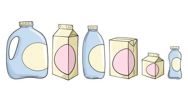 Vector illustration of A set of colored icons, various light plastic containers with milk and juice, vector cartoon