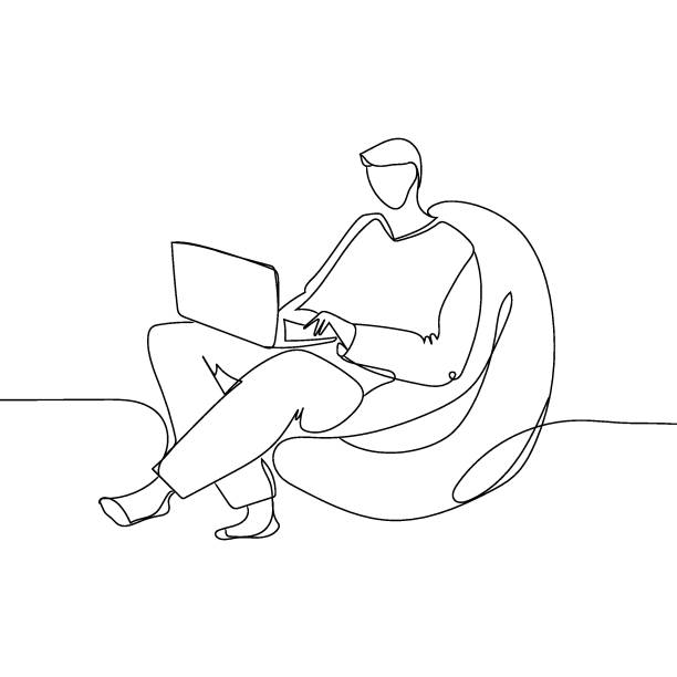Web Working at home.Young man freelancers working on laptops and computers at home Line art vector illustration,single line sketch drawing. People at home in quarantine minimalistic design. man sitting alone drawing stock illustrations