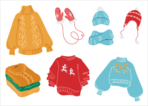 Set of winter women's clothing. Sweaters, mittens, hats in a cute style. Design elements. Vector illustration in a flat style.
