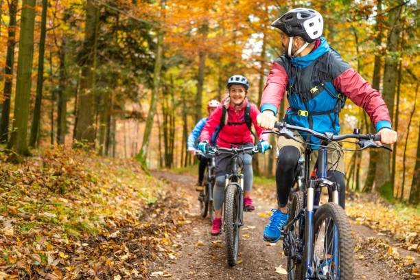 istock Group of cyclists on trail in wood 1432879597
