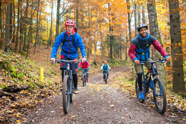 istock Riding on mountain bike in cold weather on path among trees 1432879605