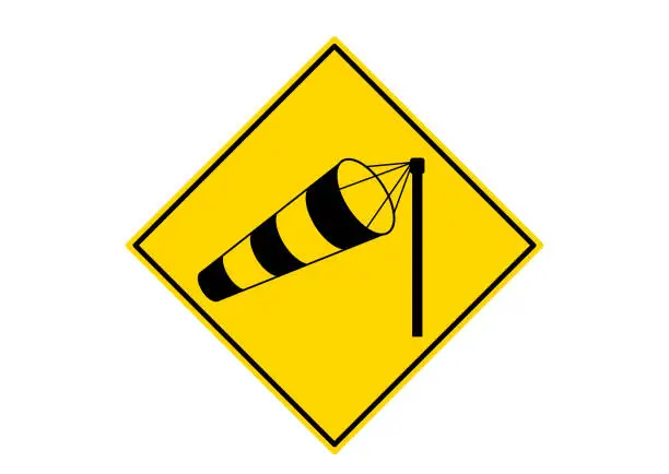 Vector illustration of Strong crosswind road sign - windsock in yellow rhombus vector illustration.