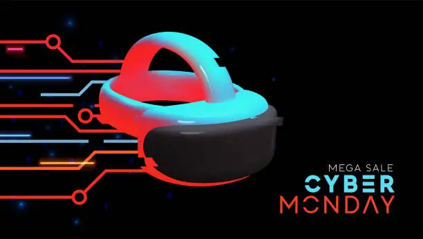Vector illustration of Cyber Monday Sale Concept. Hi-tech background kinetic energy glowing neon blue light effect with realistic 3d modern virtual reality goggles. Web Banner, Holiday promo poster. Vector illustration
