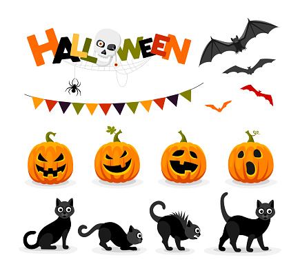Set of Halloween characters. Bats, cats, pumpkins and party flags.