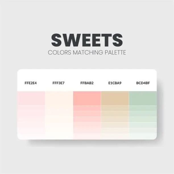 Vector illustration of Sweets color scheme. Color Trends combinations and palette guide. Example of table color shades in RGB and HEX. Color swatch for fashion, home, interiors, design. Colour chart idea. Illustration.