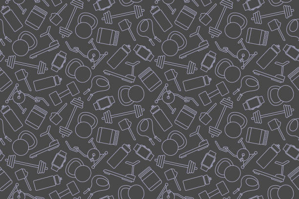 seamless pattern with sport, gym related icons: water bottle, treadmill, exercise bike, barbell, dumbbell, watch, jump rope, protein seamless pattern with sport, gym related icons: water bottle, treadmill, exercise bike, barbell, dumbbell, watch, jump rope, protein- vector illustration exercise background stock illustrations