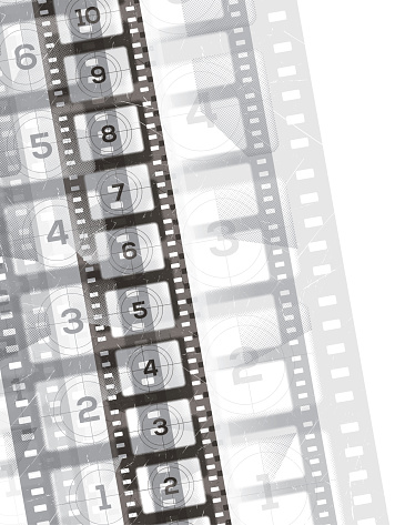 Grunge monochrome vector illustration of a vintage movie intro, film, filmstrip with a countdown from 10 to 0. Retro cinema movie grunge background with copy space.