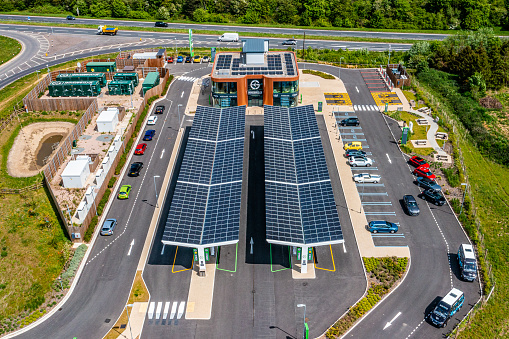 Aerial photo from a drone of Gridserve electric charging station in Great Notley, Essex, UK.