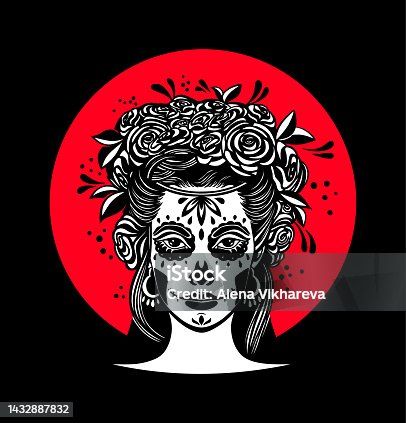istock Logo in Calavera style. Dia de los muertos, Day of the dead is a Mexican holiday. Girl with flowers in her hair and Woman with make-up - sugar skull. 1432887832