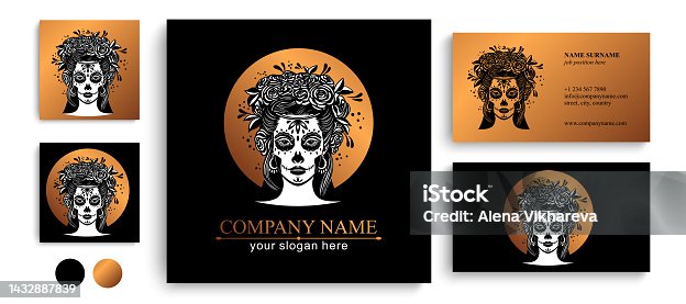 istock Logo in Calavera style. Dia de los muertos, Day of the dead is a Mexican holiday. Girl with flowers in her hair and Woman with make-up - sugar skull. 1432887839