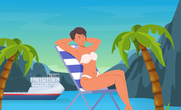 ilustrações de stock, clip art, desenhos animados e ícones de young women sunbathing on deck chair at seaside - beach tropical climate palm tree deck chair