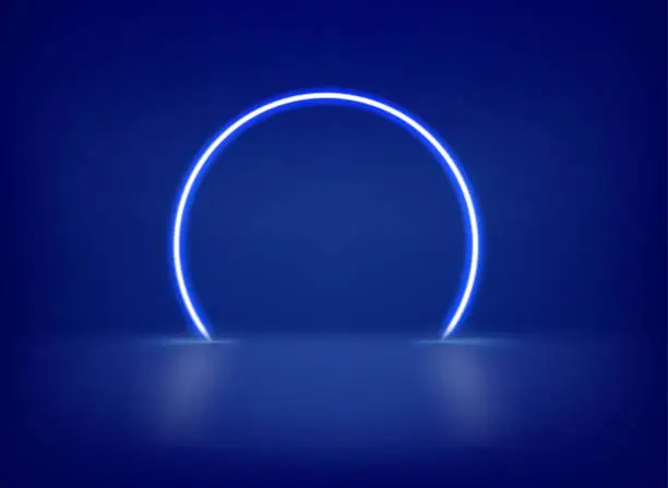 Vector illustration of Blue neon glowing circle on dark interior. 3d vector template for design