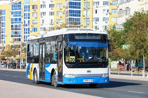 Atyrau, Kazakhstan - October 9, 2022: Chinese bus Ankai HFF6850G in the city street.