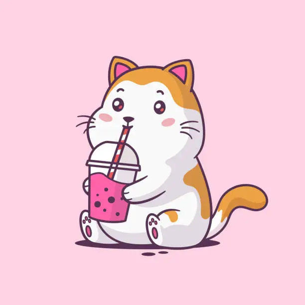 Vector illustration of Kitten Drinking Boba Tea