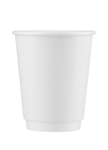 White paper coffee cup isolated on white background with clipping path. Real photo.