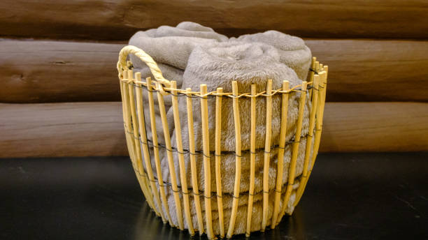 istock A basket with blankets in a wicker basket. indoor sauna accessories 1432894564