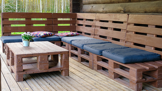 Benches and a table made of euro pallets, Outdoor furniture design with upcycling concept