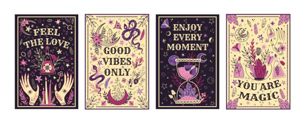 Boho good vibes. Magic garden inspiration with mystery and mystical plants, hands in trendy bohemian style. Occult cards or posters. Astrology celestial background. Vector illustration set Boho good vibes. Magic garden inspiration with mystery and mystical plants, hands in trendy bohemian style. Occult spiritual cards or posters. Astrology celestial background. Vector illustration set alchemy symbols stock illustrations