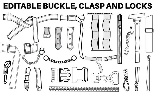 Vector illustration of Buckles, Sliders and clasps flat sketch vector illustration set, different types bag accessories, locks and buckles for back packs, climbing equipment, garments dress fasteners and Clothing belt