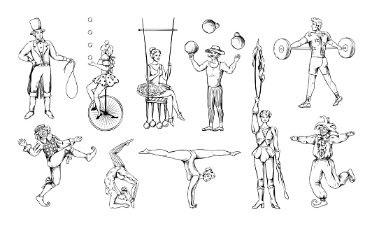 Vintage circus clown. Man balancing on unicycle. Contortionist juggling balls. Retro drawing. Acrobat or equilibrist. Juggler tricks. Actors performance. Athlete with barbell. Vector doodle sketch set