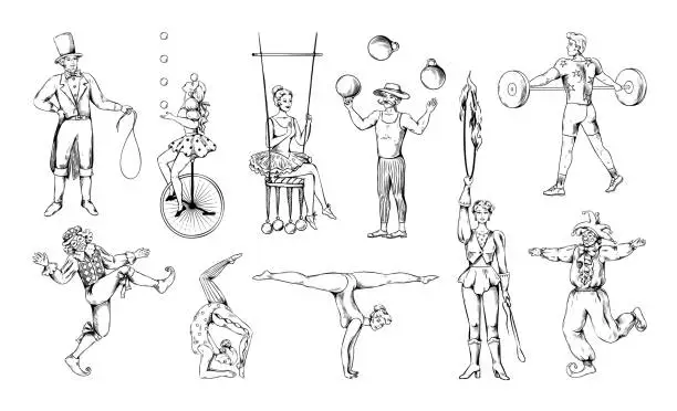 Vector illustration of Vintage circus clown. Man balancing on unicycle. Contortionist juggling balls. Acrobat or equilibrist. Actors performance. Athlete with barbell. Retro drawing. Vector doodle sketch set