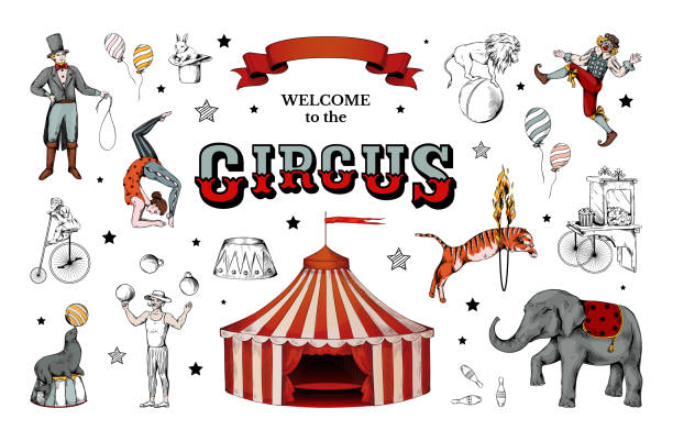 illustrations, cliparts, dessins animés et icônes de cirque vintage, clowns de carnaval rétro. personnages humains acrobates, conception du corps, dessus de tente. jongleur et animaux. bannière de bienvenue pour les performances de divertissement. jeu d’illustrations vectorielles - circus lion