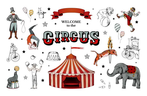 Vector illustration of Vintage circus, retro carnival clowns. Acrobat human characters, body design, tent top. Juggler and animals. Welcome banner for entertainment performance. Vector illustration set