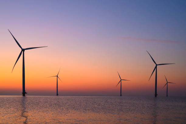 istock Wind turbines in an offshore wind park producing electricity during sunset. 1432896660