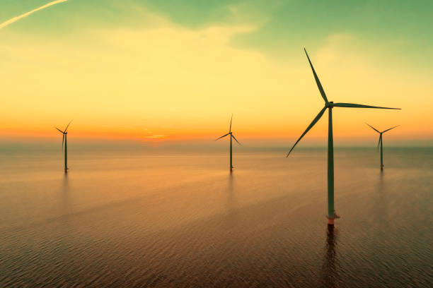 istock Wind turbines in an offshore wind park producing electricity during sunset. 1432896822