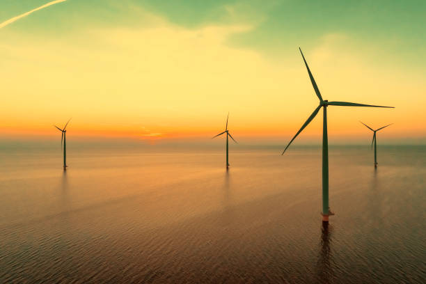 turbiny wiatrowe w morskim parku wiatrowym wytwarzające energię elektryczną o zachodzie słońca. - noordoostpolder zdjęcia i obrazy z banku zdjęć