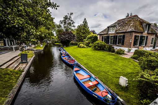 Giethoorn, The Netherlands - 10th of June, 2022. Beautiful Calm Atmosphere Near River.