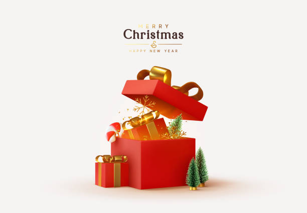 рождественский и новогодний дизайн. реалистичные красные подарочные коробки. открытая подарочная коробка, полная декоративного праздничн - gift box gift christmas present box stock illustrations