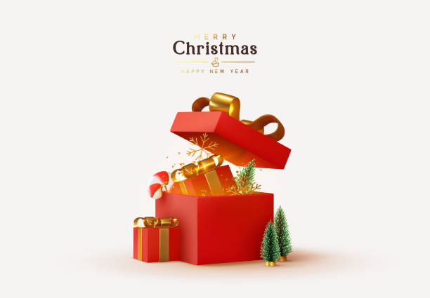 christmas and new year design. realistic red gifts boxes. open gift box full of decorative festive object. holiday banner, web poster, flyer, stylish brochure, greeting card, cover. xmas background - yeni yıl hediyesi stock illustrations