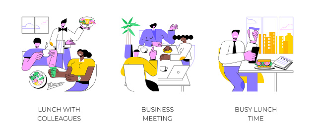 Business lunch isolated cartoon vector illustrations set. Smiling diverse colleagues having lunch in cafe, business meeting at restaurant, busy man working at the table, eating out vector cartoon.