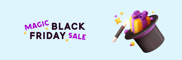 istock Black Friday sale. Horizontal blue banner, web poster. Magic Hat of conjurer with stick. Surprise gift box inside. Realistic 3d design. Vector illustration. 1432898219