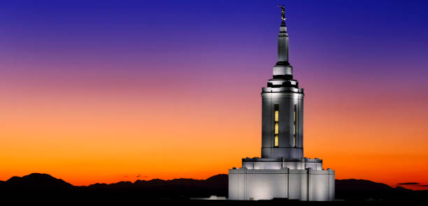 istock Pocatello Idaho LDS Mormon Temple with Lights at Sunset 1432899469
