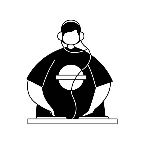 Vector illustration of Vector illustration of a DJ with headphones playing music. Profession. Line art