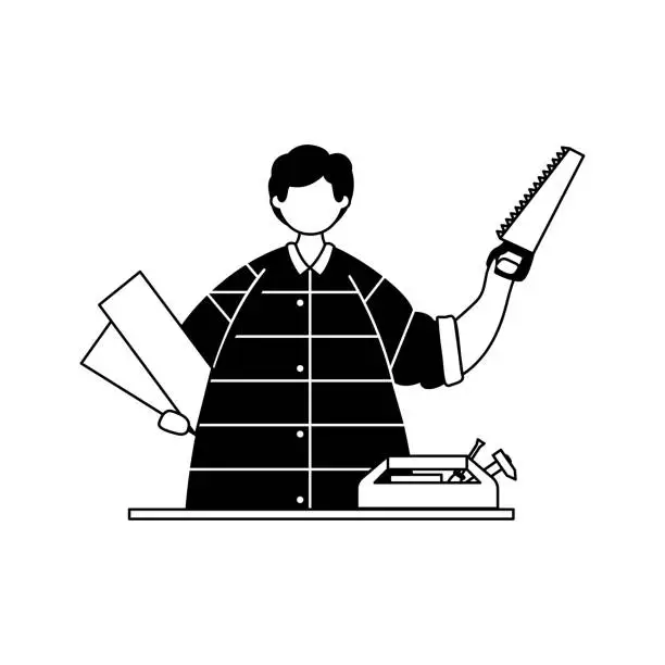 Vector illustration of Vector illustration of a carpenter with wooden planks and a saw in his hands. Profession. Outline