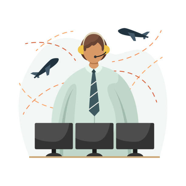 Vector illustration of an air traffic controller with a headset on his head in front of monitors. Profession. Line art Vector illustration of an air traffic controller with a headset on his head in front of monitors. Profession. Line art air traffic control operator stock illustrations