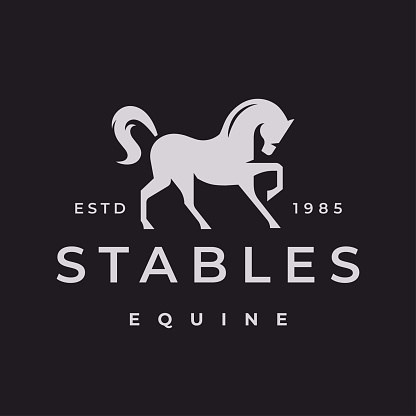 Equine horse stables icon. Equestrian horse symbol. Dressage business emblem. Stallion brand identity sign. Vector illustration.