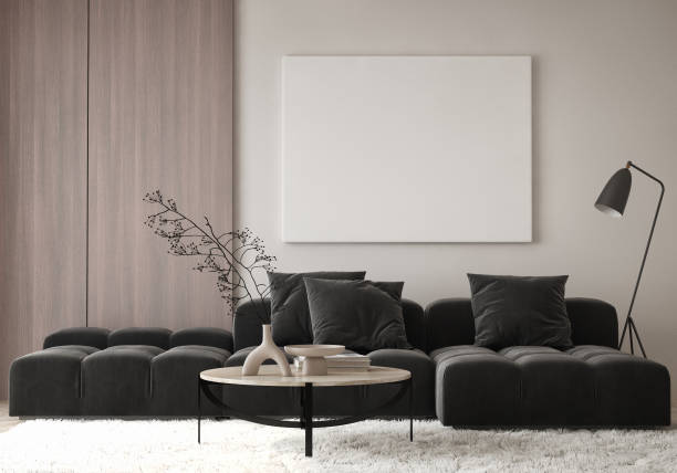 mock up poster frame in modern interior background, living room, Contemporary style, 3D render, 3D illustration