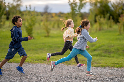A small group of children are seen running a Cross Country race in a small pack together. They are each wearing comfortable athletic wear and are focused on the path as they run towards the finish line.
